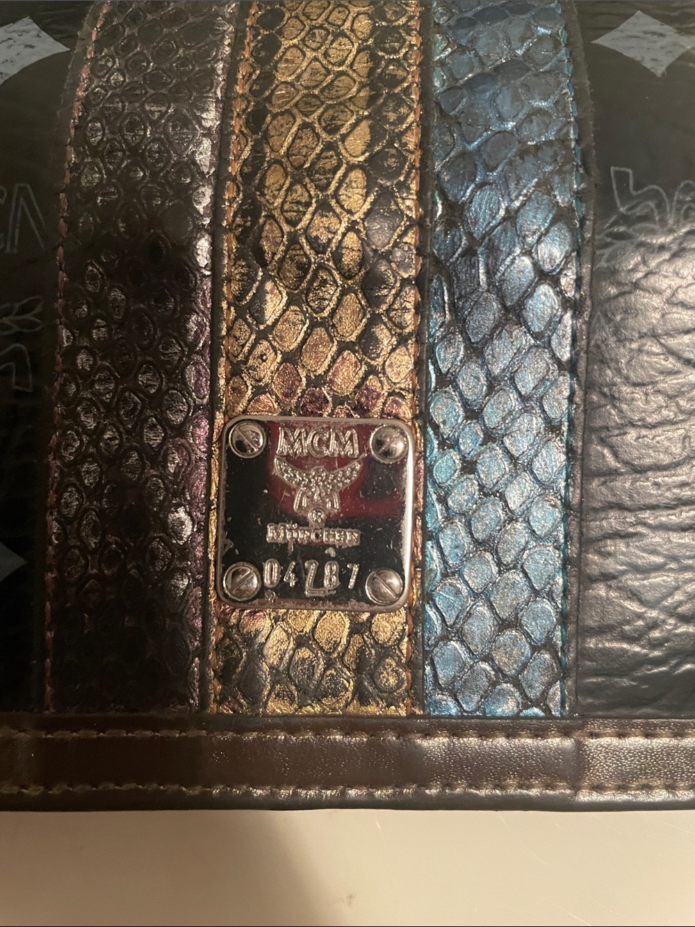 MCM Black Trifold Wallet with Metallic Brown, Gold & Blue Stripes - Picture 2 of 11